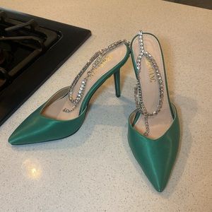 Satin green bedazzled heels